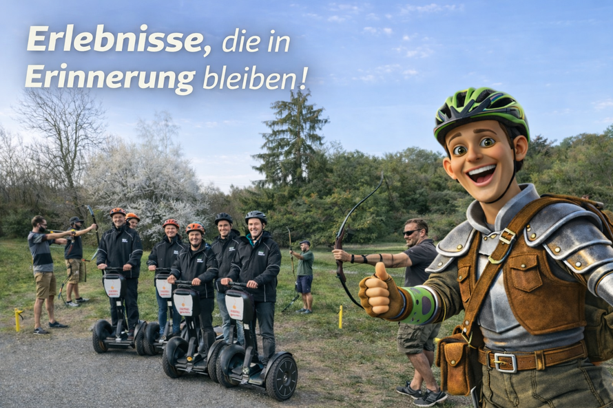 Gruppe bei Segway-Tour mit Bogenschießen in der Natur mit Götzi Maskottchen
