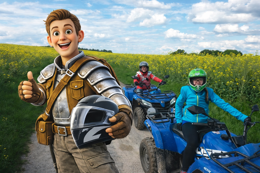 Teilnehmer bei Quad After Work Tour in Möckmühl mit Götzi Maskottchen