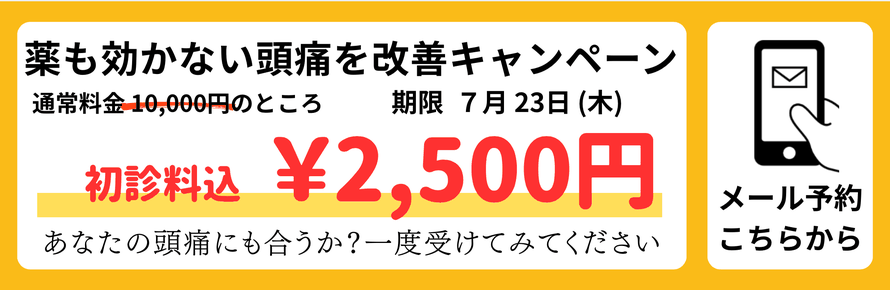 薬も効かない頭痛を改善キャンペーン。通常料金10,000円のところ初診料込2,500円。期限7月23日（木）。メール予約はこちらから