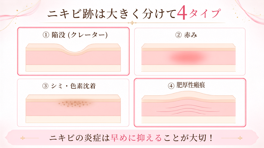 ニキビ跡は大きく分けて4タイプ｜陥没(クレーター)｜赤み｜シミ・色素沈着｜肥厚性瘢痕｜ニキビの炎症は早めに抑えることが大切！｜背中ニキビ専門サロン 札幌エステ Twinkle(トゥインクル)