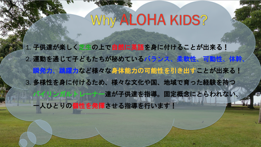 大阪の幼児子供英会話ALOHAKIDSアロハキッズ、緑の人工芝で楽しく子供フィットネス、バイリンガルトレーナーで自然に英語が身につくキッズ英会話