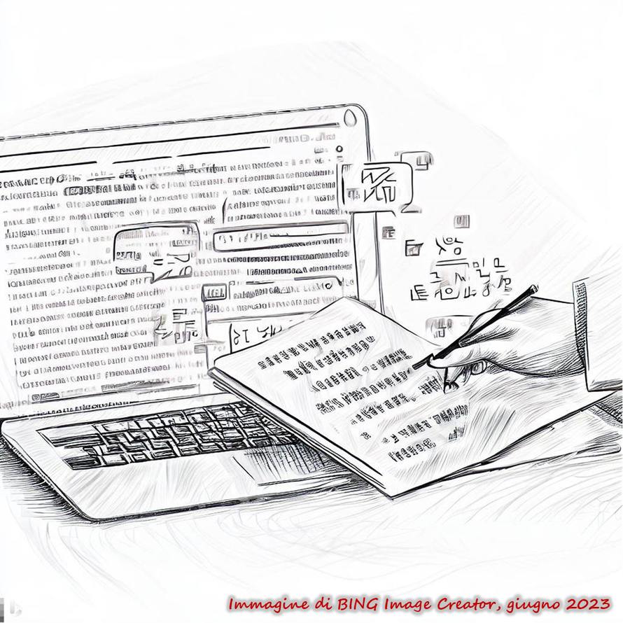 Immagine generata da BING Image Creator sul tema: "Un traduttore online traduce un documento" in stile bozzetto a matita