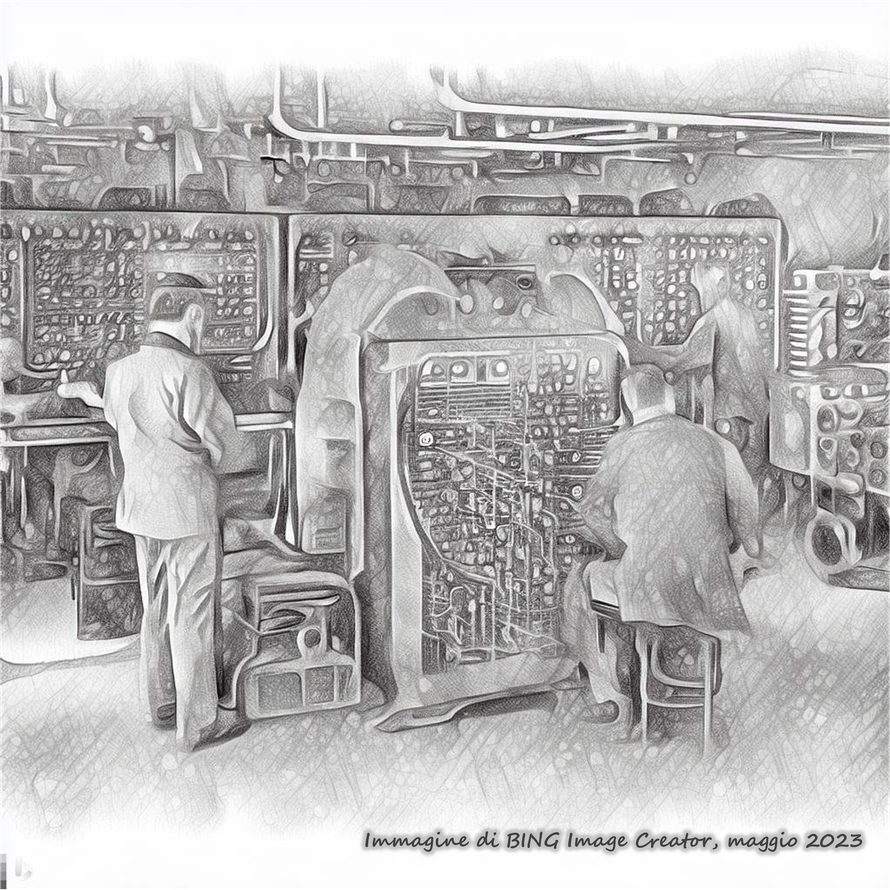 Un disegno stile bozzetto realizzato da BING Image Creator sul tema: "Un gruppo di informatici tedeschi al lavoro negli anni '50"