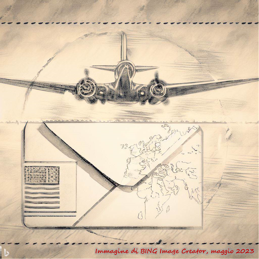 Un disegno stile bozzetto realizzato da BING Image Creator sul tema: "Una lettera spedita per posta aerea viaggia dall'Europa agli USA"