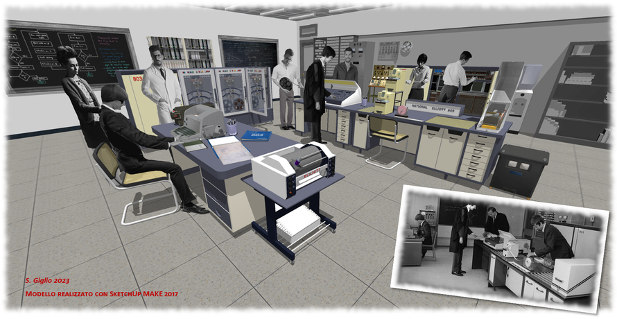 Ricostruzione 3D di una tipica installazione di ELLIOTT 803 in un laboratorio universitario nei primi anni '60 basata su di una foto dell'epoca