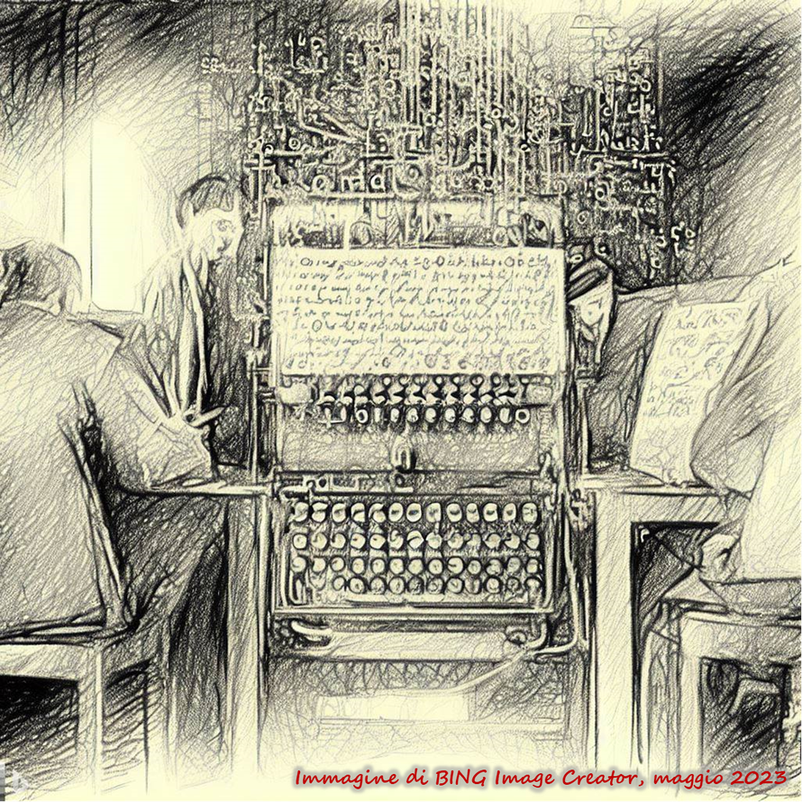 Un disegno stile bozzetto realizzato da BING Image Creator sul tema:  "una macchina Enigma  con dei ricercatori che lavorano su dei progetti innovativi di informatica negli anni 50"