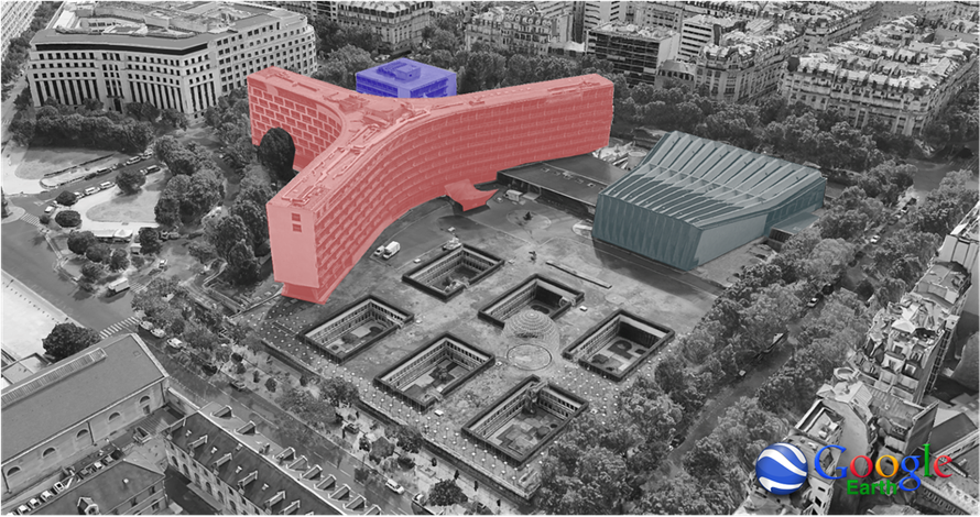 il complesso degli edifici UNESCO di Place de Fontenoy 7 a Parigi: in rosso, il Segretariato; in verde, il padiglione a “fisarmonica” per le conferenze; in viola il terzo edificio. (Immagine ricavata da cattura su Google Earth).