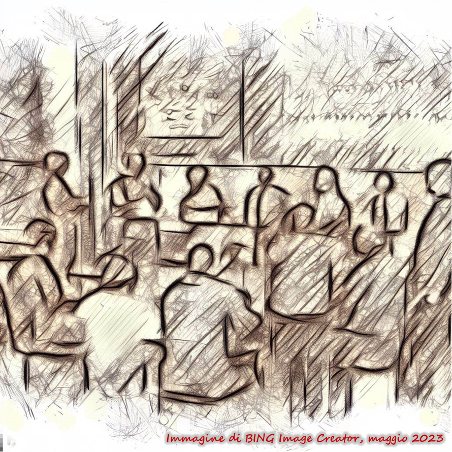 Un disegno stile bozzetto realizzato da BING Image Creator sul tema: "Una riunione di informatici negli anni '50"