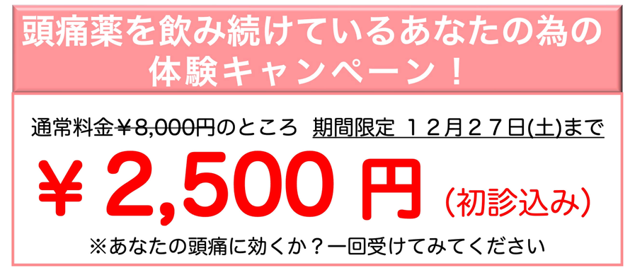 頭痛薬を飲み続けているあなたの為の体験キャンペーン！通常料金￥8,000円のところ期間限定8月23日（土）まで ￥2,500円（初診込み）※あなたの頭痛に効くか？一回受けてみてください
