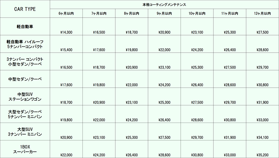 本格コーティングメンテナンス プラン表