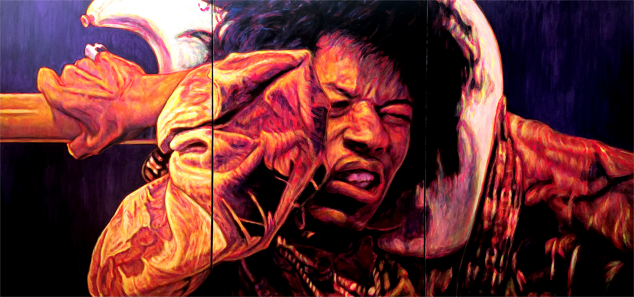 Portrait of Jimi Hendrix the World Best Guitar Player of all Times - USA - Playing his Fender Guitar beheind his Neck