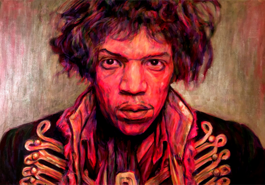 Portrait of Jimi Hendrix the World Best Guitar Player of all Times - USA - Army Jacket, Woodstock, Flower Power, Fender Guitar,