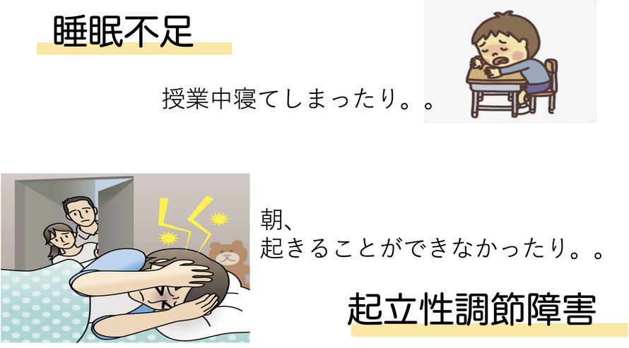 睡眠不足：授業中ねてしまったり。起立性調節障害：朝起きることができなかったり。