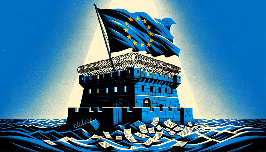 Comic-Illustration: Eine burg-ähnliche Festung mit Stacheldraht an den Mauerrändern steht in einem Meer. Über der Festung prangt die EU-Flagge.Davor schwimmen Dokumente im Wasser.