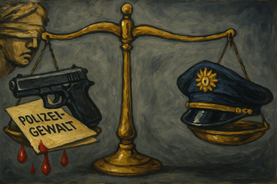 Eine Illustration, die wie gemalt wirkt. Sie zeigt eine klassische Wage. Auf der einen Seite liegt eine blutende Akte, auf der Polizeigewalt steht. Darüber liegt eine Pistole. Auf der rechten Seite ist eine Polizeimütze. Im linken Hintergrund ist Justizia