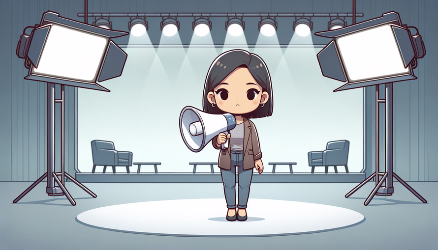 Cartoon-Illustration einer Frau, die allein auf einer TV-Studio-Bühne steht und ein Megafon in der Hand hält. Minimalistischer Stil mit wenigen Details, ruhige Atmosphäre. Im Hintergrund sind dezente Studioelemente wie Scheinwerfer angedeutet.