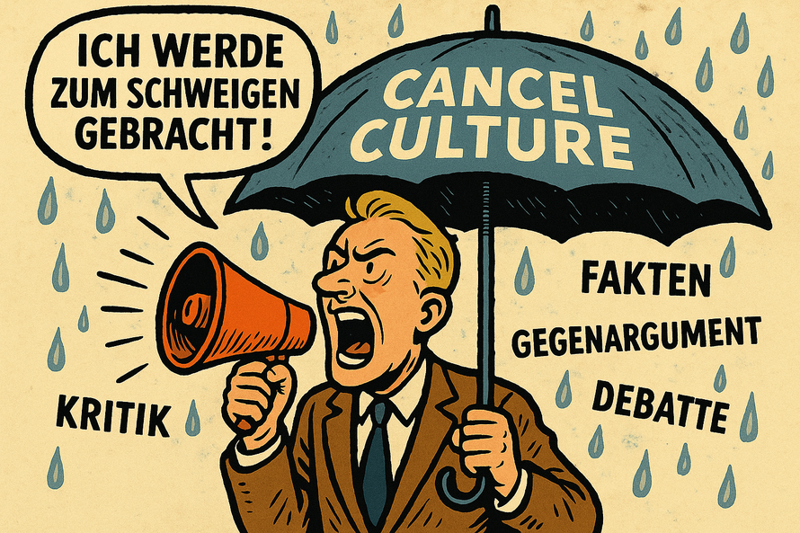 Ein Mann mit Megafon ruft provokante Thesen. Über ihm regnet es Begriffe wie „Fakten“, „Gegenrede“ und „Widerspruch“. Er schützt sich mit einem Regenschirm, auf dem „Cancel Culture“ steht, und ruft: „Ich werde unterdrückt!“