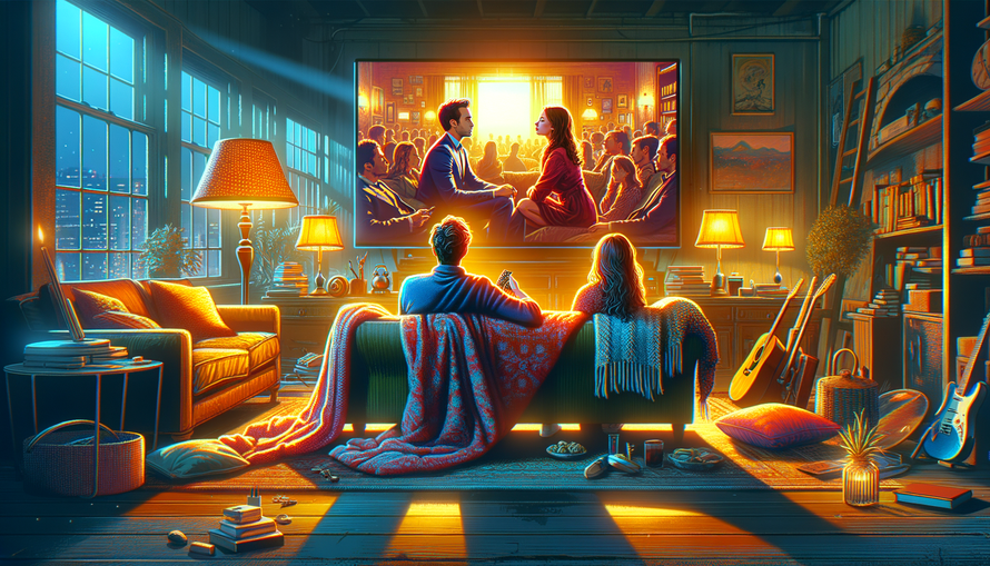 "Digital-Art-Illustration eines Paares beim Serien-Bingewatching. Ein Mann und eine Frau sitzen auf einem Sofa in einem gemütlichen, warm beleuchteten Wohnzimmer.