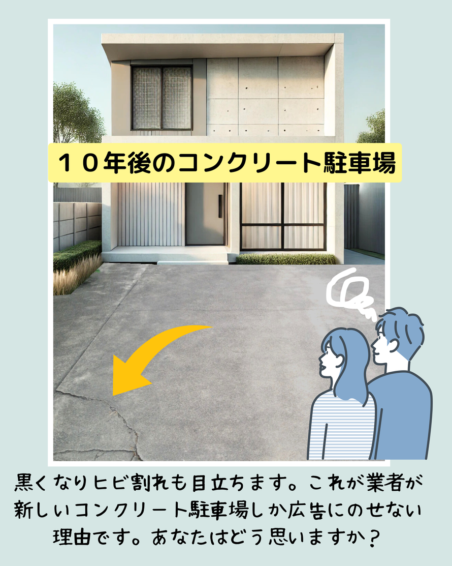 コンクリート　駐車場　土間　劣化　耐久年数　水垢　汚れ　ヒビ　ひび割れ　クラック　黒ずみ　タイヤ痕