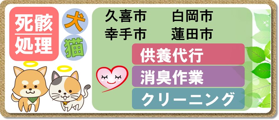 久喜市｜白岡市｜幸手市｜蓮田市｜死骸処理｜犬｜猫｜死骸｜死体｜処理｜片付け｜腐敗｜消臭｜クリーニング｜小動物｜供養代行｜腐敗臭｜