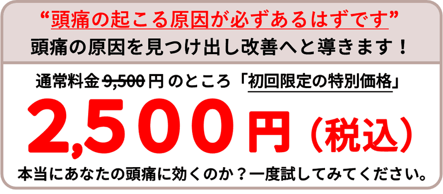 通常料金が9500円（税込）のところ、初回限定の特別価格2500円（税込）。本当にあなたの頭痛に効くのか？一度試してみてください。