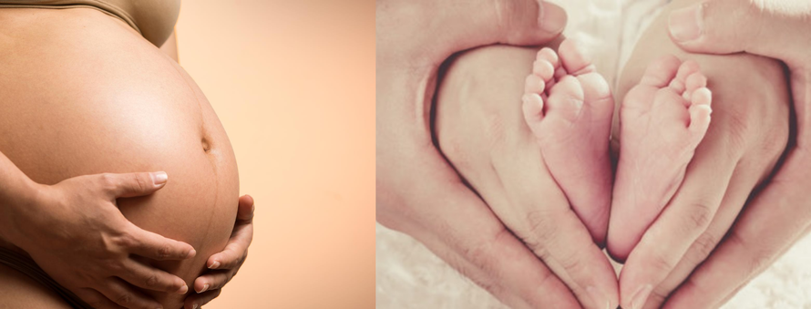 femme enceinte et petits pieds de bébé entre les mains de se parents