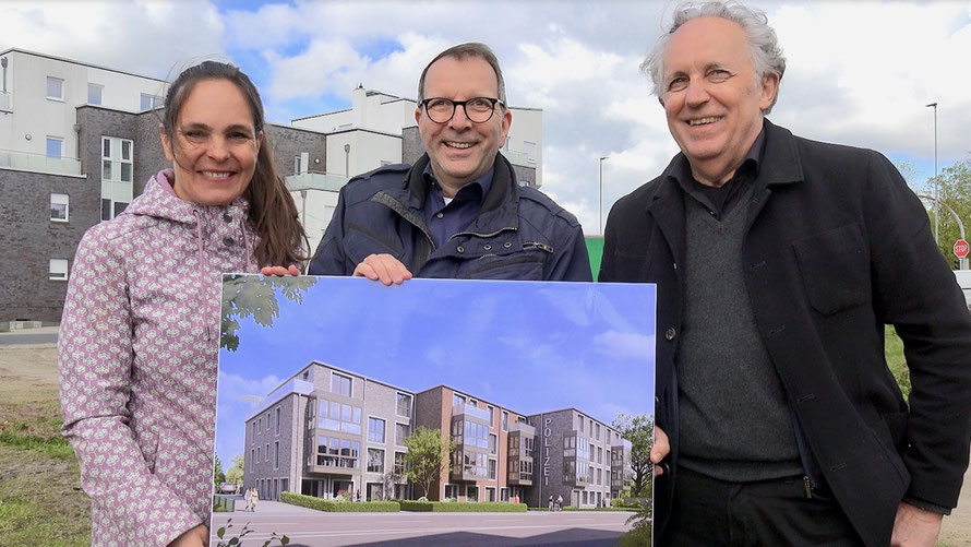 Auch Bürgervorsteherin Annabell Krämer und freute sich gemeinsam mit Arne Parents (Semmelhaack) und Architekt Manfred Heitgerken über den Baubeginn des Projektes, das in seiner Anmutung im Bild zu sehen ist.