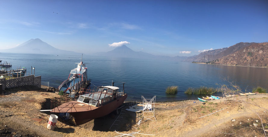 Looking over Lake Atitlan from Panajachel to the Volcanoes on the other side
