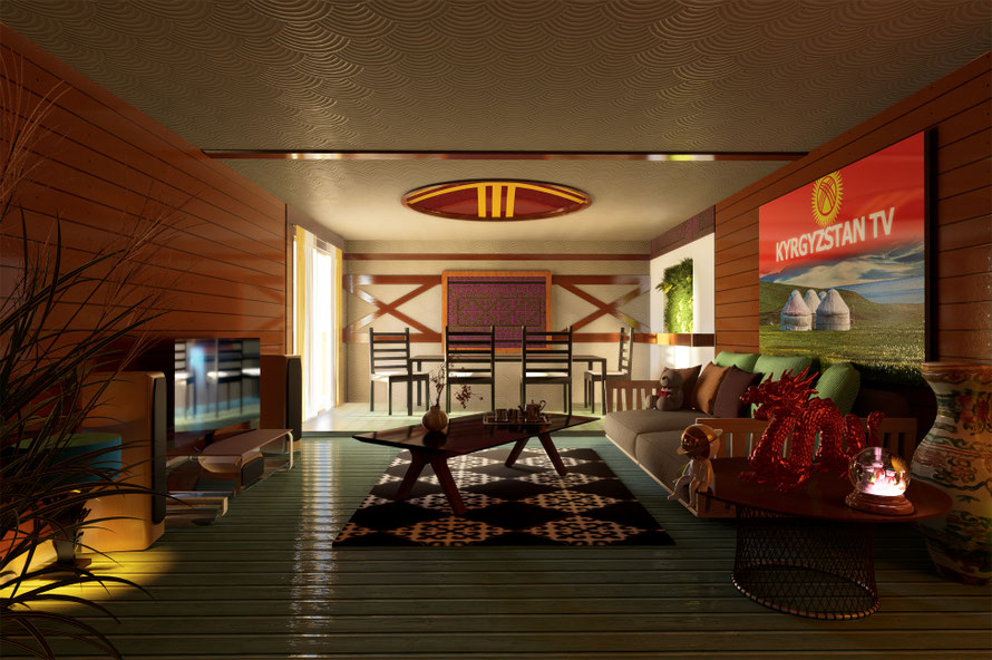 Conception 3D d’un salon et salle à manger inspirés des habitats traditionnels d’Asie Centrale, réalisée pour une architecte d’intérieur à Bichkek (2025).