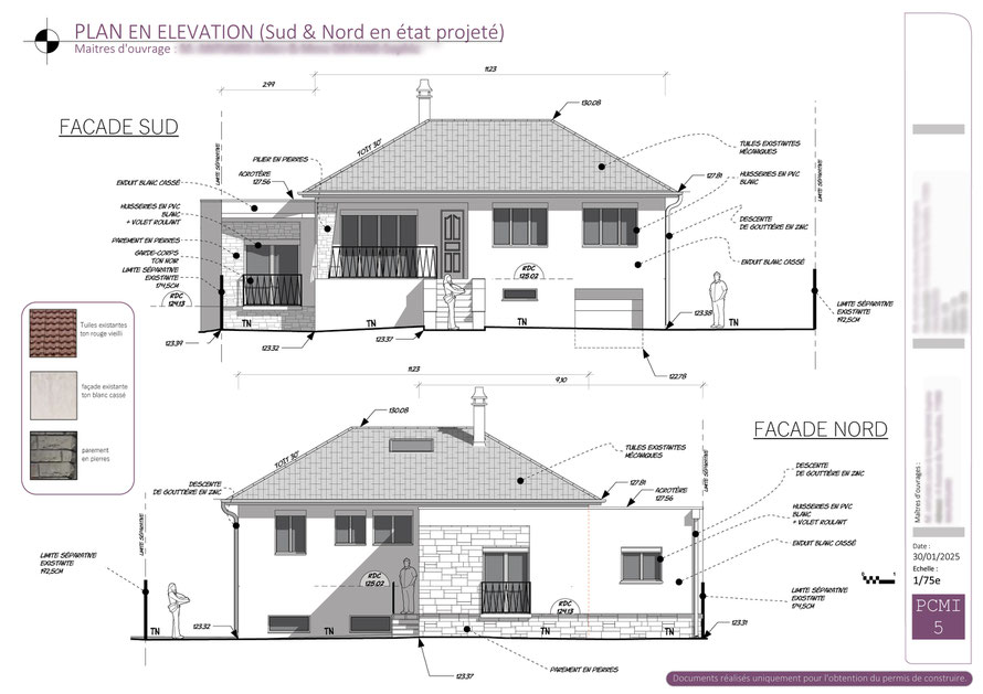 Élévations nord et sud d’une extension de maison individuelle pour permis de construire PCMI 5, projet en Essonne (91), réalisé par O Coeur des Plans