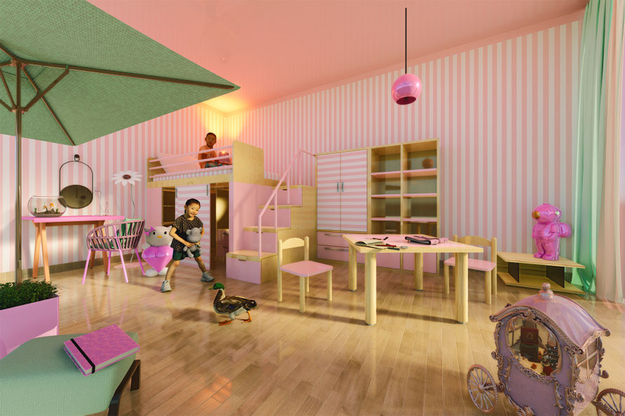 Concept et agencement 3D d’une chambre d’enfant, visualisation réaliste pour projet d’aménagement intérieur.