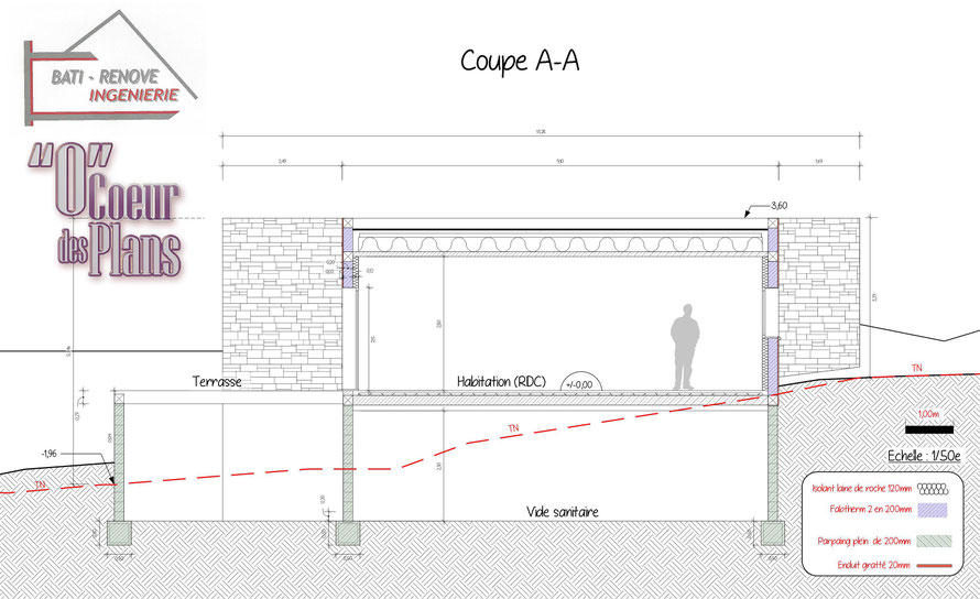 Coupe technique détaillée de construction, prestation par O Cœur des Plans, projet en sous-traitance pour constructeur de maison individuelle dans les Yvelines (78)