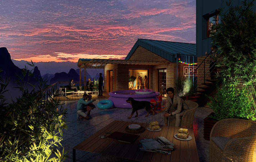 Illustration 3D d’un penthouse de nuit, ambiance lumineuse et réaliste, réalisée pour un promoteur immobilier par O Cœur des Plans.