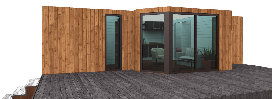 Élévation 3D d’une réhabilitation de mobile home avec bardage bois extérieur, visualisation architecturale