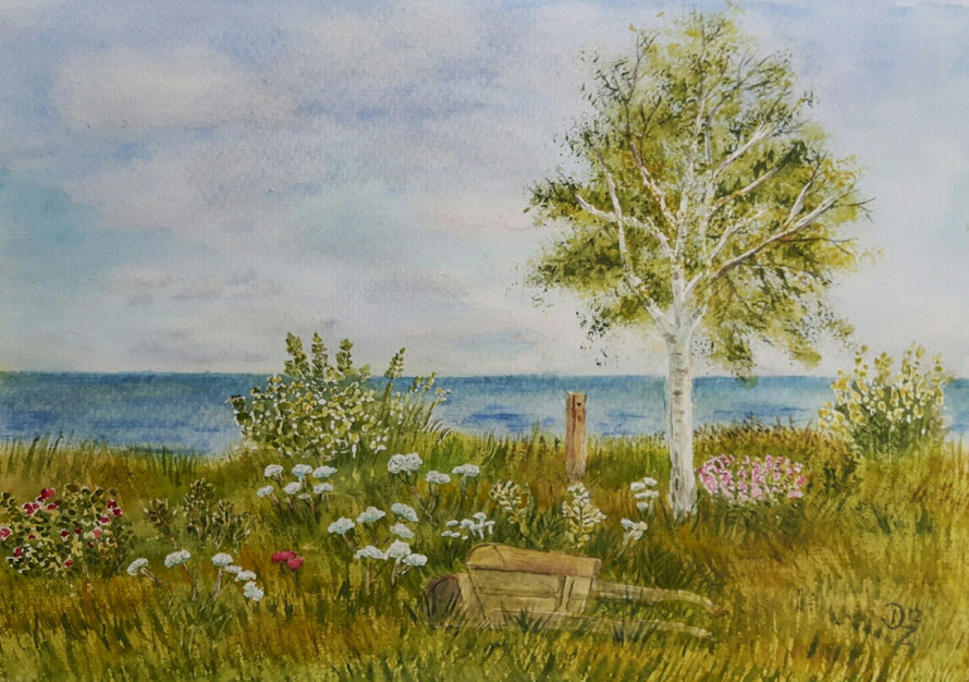 Der wunderschöne Blick von unserer Terrasse in Dänemark - Aquarell - 2012