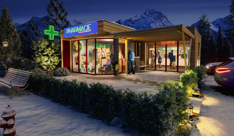 Imagerie 3D réaliste pour un permis de construire de pharmacie, région Haute-Savoie (74), réalisée par O Coeur des Plans pour la mise en valeur architecturale du projet.