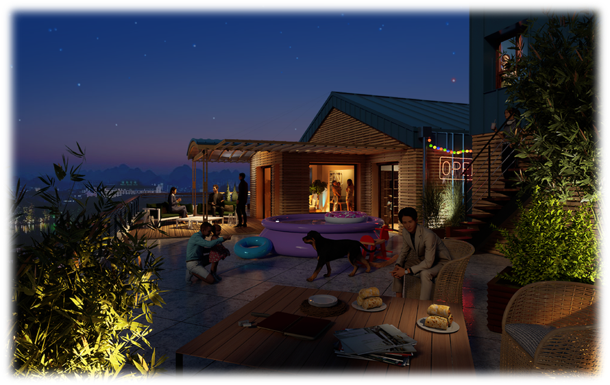 Illustration 3D d’un penthouse de nuit, ambiance lumineuse et réaliste, réalisée pour un promoteur immobilier par O Cœur des Plans.
