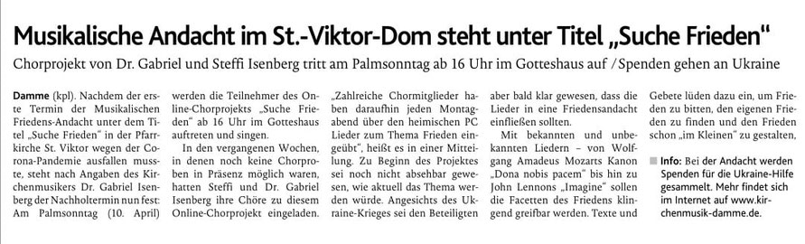 Vorbericht in der Oldenburgischen Volkszeitung, 08.04.2022