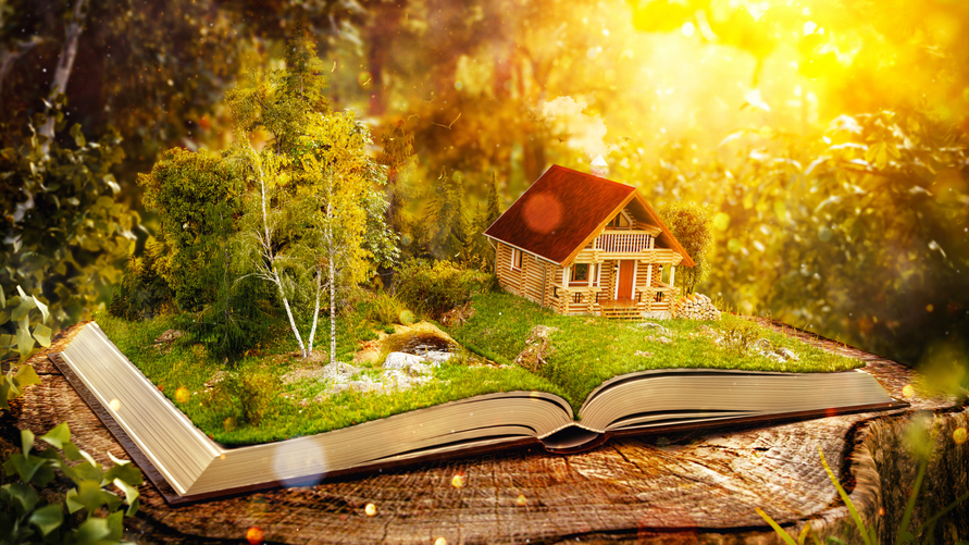 aufgeklapptes Buch mit grünem Rasen, Bäumen, einem kleinen hübschen Holzhaus - Vorstellungskraft