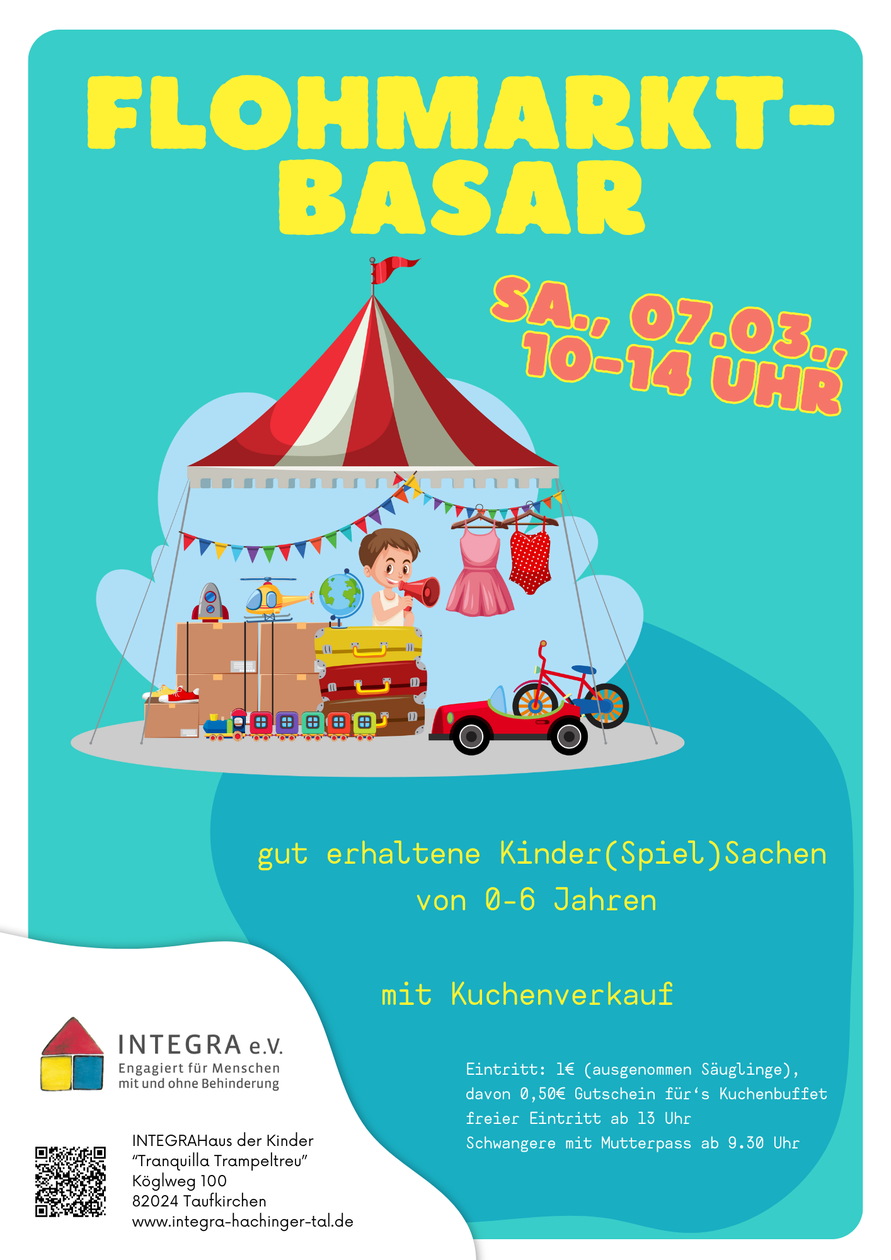 Hier siehst du das Plakat zum Kinder(Spiel)Sachen-Flohmarkt. Termin: 12.04.2025, 10-14 Uhr, mit Kuchen- und Los-Verkauf, Eintritt: 1€ davon 0,50€ für`s Kuchenbuffet, freier Eintritt für Schwangere mit Mutterpass ab 9.30 Uhr