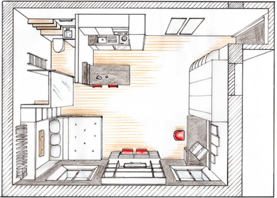 Plan d'implantation d'un studio d'étudiant pour fluidifier la circulation, dégager de l'espace et optimiser les rangements.