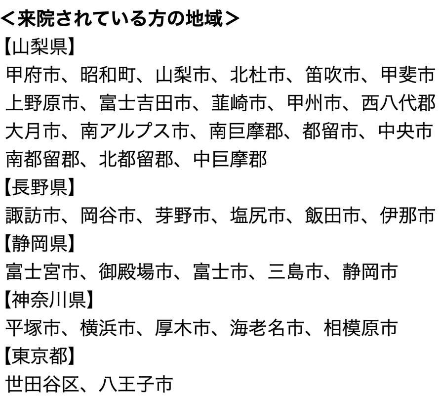 ＜来院されている方の地域＞【山梨県】甲府市、昭和町、山梨市、北杜市、笛吹市、甲斐市、中央市、富士吉田市、韮崎市、甲州市、都留市、大月市、南アルプス市、南巨摩郡　【長野県】諏訪市、岡谷市、芽野市、塩尻市、飯田市、伊那市　【静岡県】富士宮市、御殿場市、富士市、三島市、静岡市【神奈川県】平塚市、横浜市、厚木市、海老名市、相模原市【東京都】世田谷区、八王子市