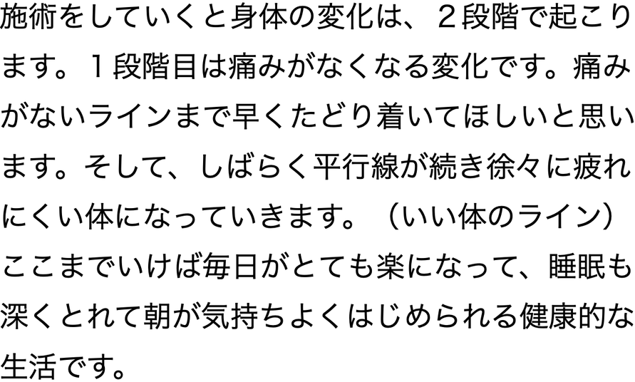 施術をしていくと身体の変化は、２段階で起こります。１段階目は痛みがなくなる変化です。痛みがないラインまで早くたどり着いてほしいと思います。そして、しばらく平行線が続き徐々に疲れにくい体になっていきます。（いい体のライン）ここまでいけば毎日がとても楽になって、睡眠も深くとれて朝が気持ちよくはじめられる健康的な生活です。