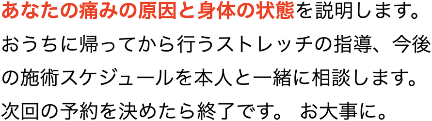 あなたの痛みの原因と身体の状態を説明します。おうちに帰ってから行うストレッチの指導、今後の施術スケジュールを本人と一緒に相談します。次回の予約を決めたら終了です。 お大事に。