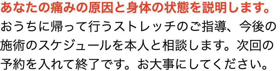 あなたの痛みの原因と身体の状態を説明します。おうちに帰って行うストレッチのご指導、今後の施術のスケジュールを本人と相談します。次回の予約を入れて終了です。お大事にしてください。