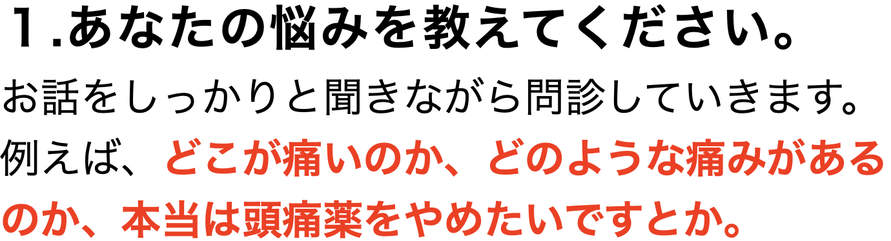 １.あなたの悩みを教えてください。  お話をしっかりと聞きながら問診していきます。例えば、どこが痛いのか、どのような痛みがあるのか、本当は頭痛薬をやめたいですとか。