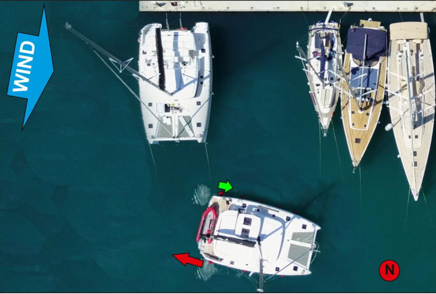 Glossar, Vorspring, von Tankstelle wegdrehen, Steg, Teilnehmer am Steuerrad, Katamaranübung, Katamaran Glossar, Katamarantraining, Katamaran Manöver Training, Hafenmanöver Training, Skipper Katamarantraining