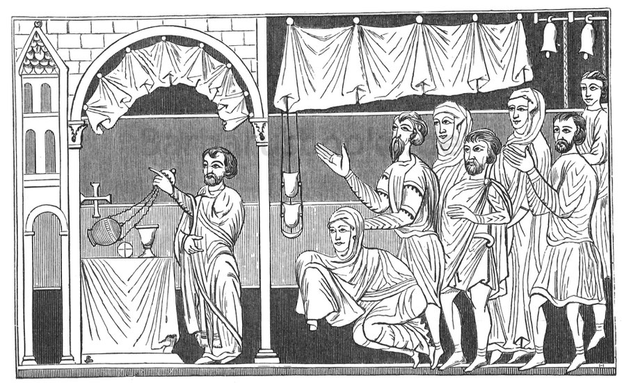 Abb. 223. – Die Feier der Messe in einem Oratorium. – Faksimile einer Miniatur in einem Manuskript aus dem 9. Jahrhundert, nach einem Stich von M. Ambroise Firmin-Didot.