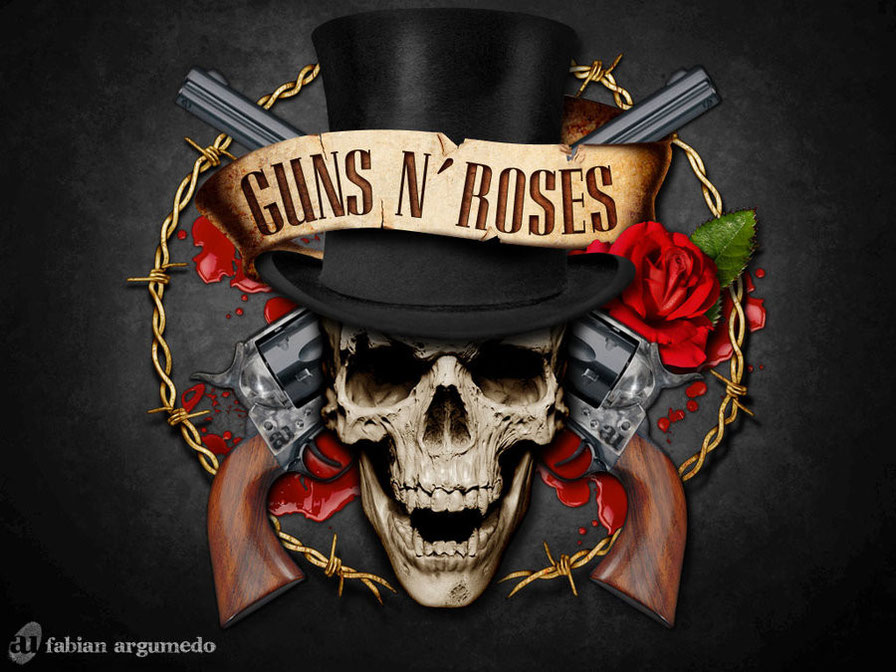 immagine teschio e pistole e rose dei guns 'n' roses
