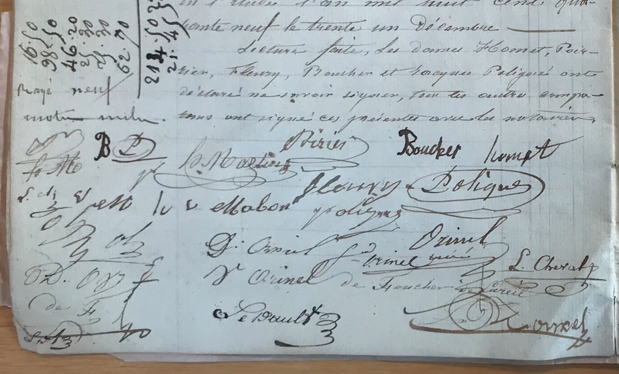 les 13 signatures des vendeurs et celle de : de Foucher de Careil ainsi que celles de Le Dault et Rouxel, notaires